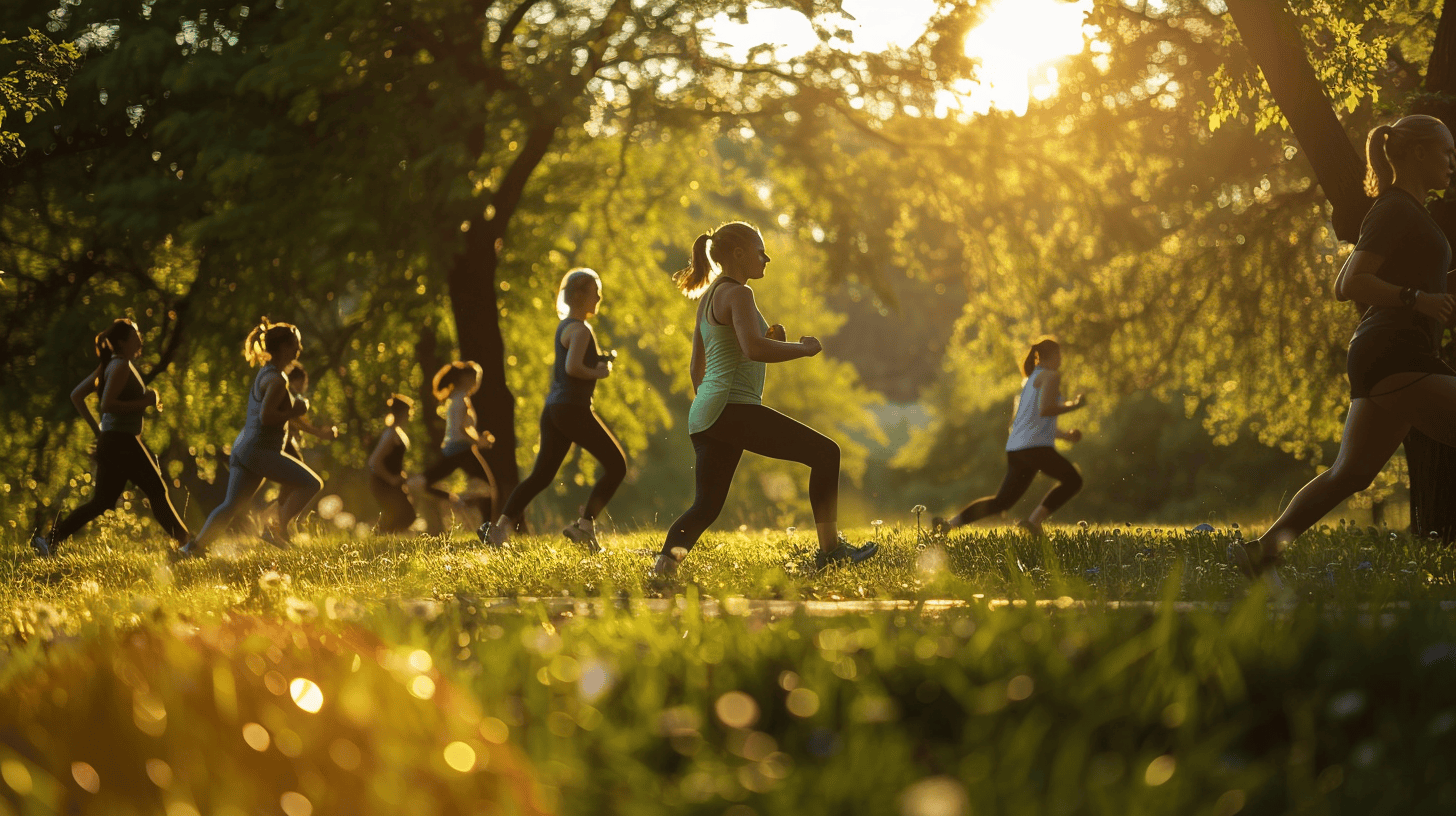 Image of people practicing fintess in the park for health benefits.