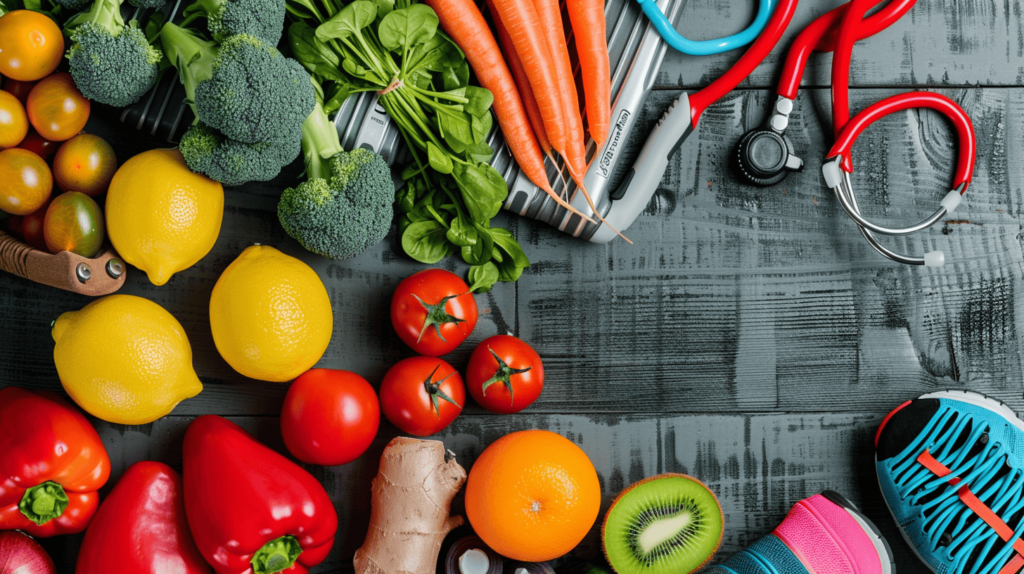 Image featuring healthy food and running fitness shoes, symbolizing the importance of nutrition and exercise in maintaining overall well-being.