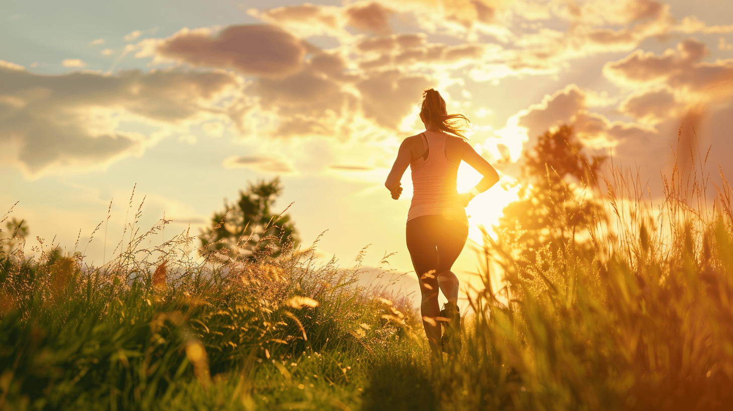 Health benefits of outdoor fitness illustration with a woman running in the nature.