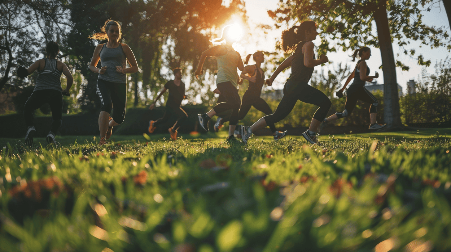 Health benefits of outdoor fitness: persons jogging in nature.